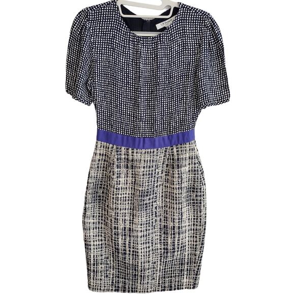 LK Bennett | Navy & Cream "Brenda" Print & Jacquard Tweed Sheath Pencil Dress - Picture 2 of 12